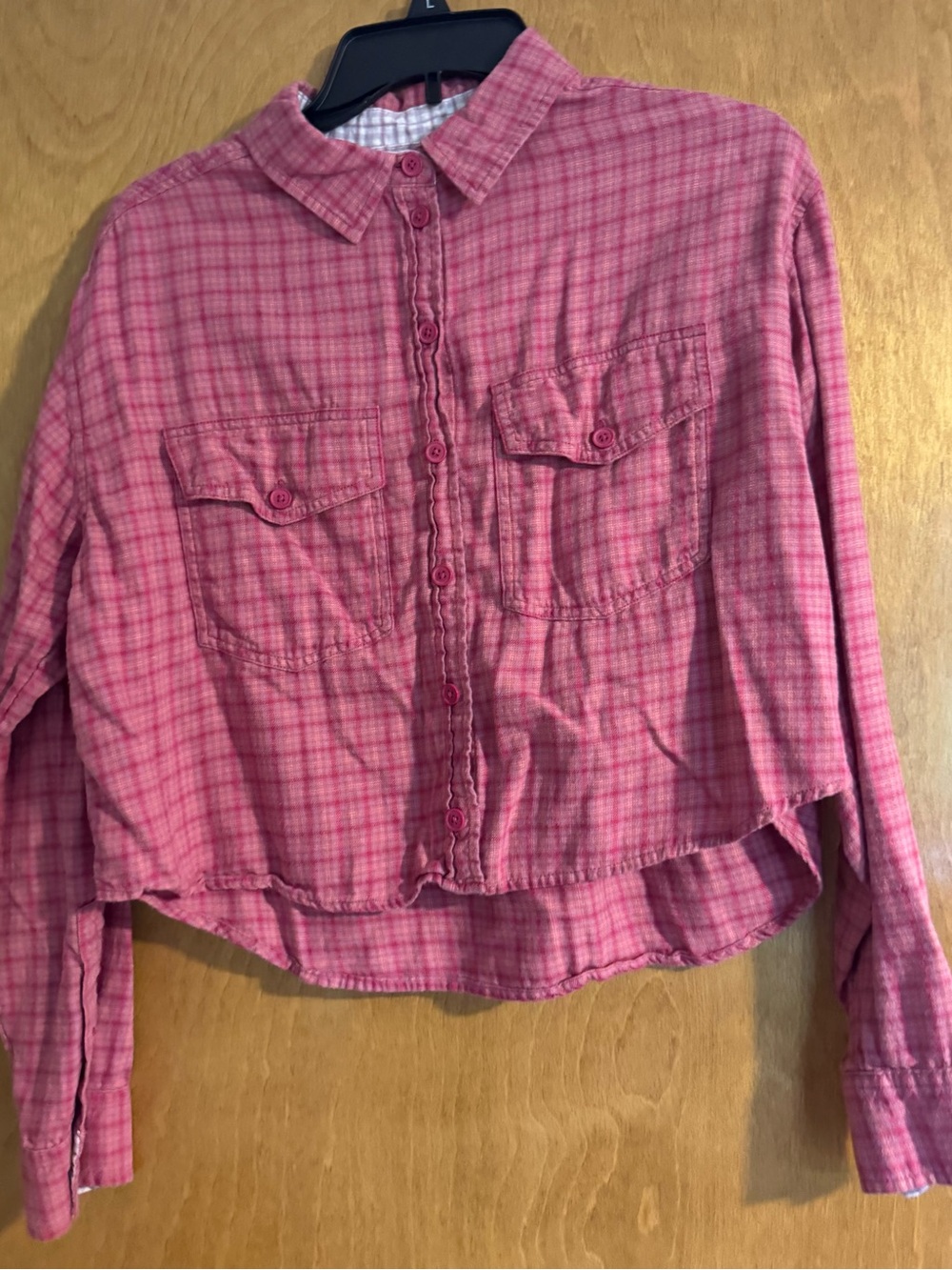 Pink Plaid Cropped Button-Up Shirt size S